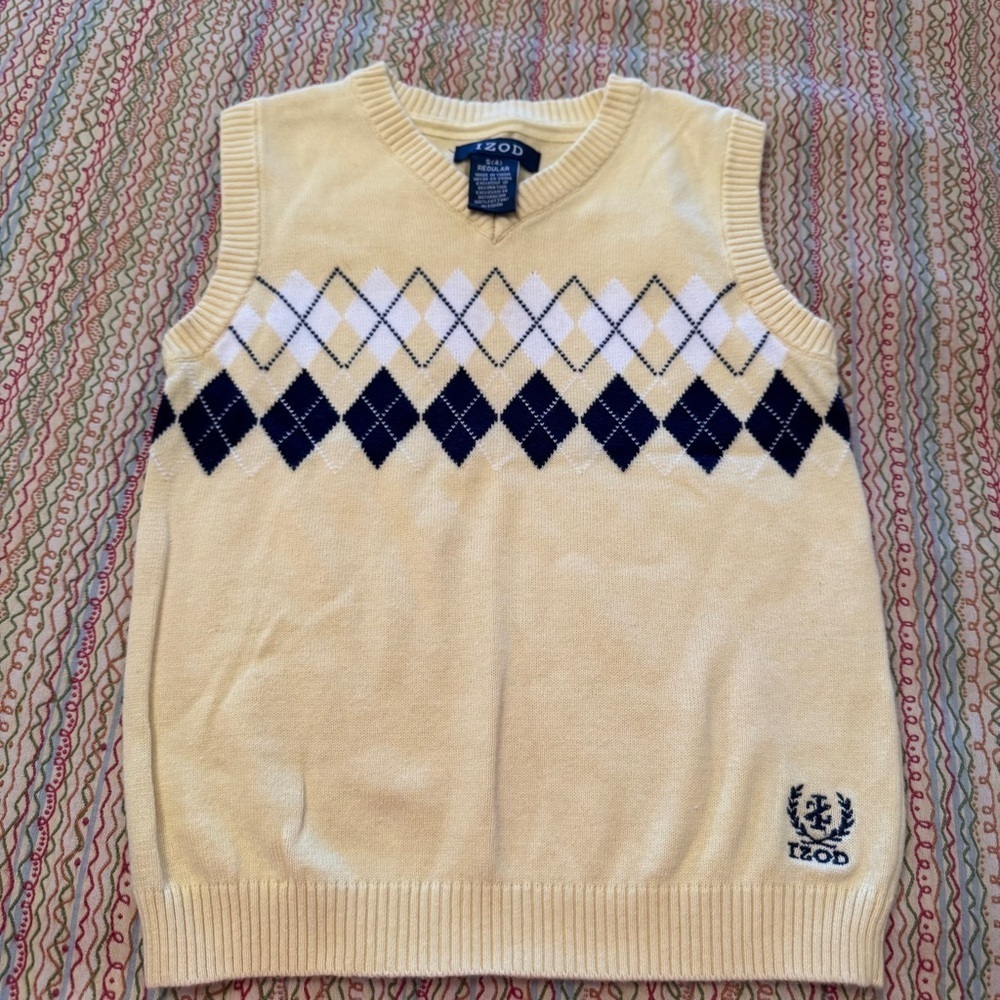 Izod Childrens Yellow and Navy V-Neck Argyle Sweater Vest Size S (4)